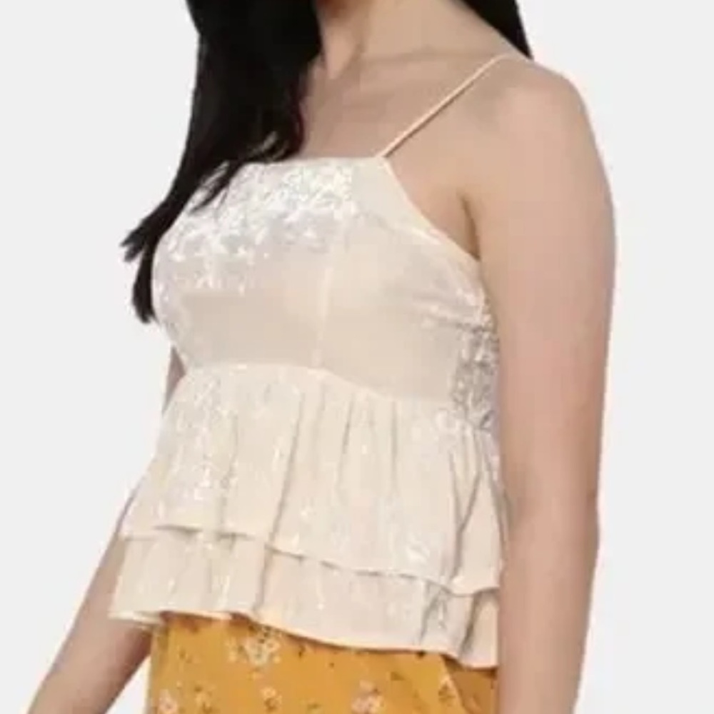 American Eagle Women XS Cream Crushed Velvet Boho Tiered Babydoll Cami Tank Top